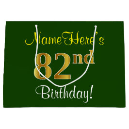 エレガント、緑、フェイク金ゴールド82番目の誕生日+名前 ラージペーパーバッグ