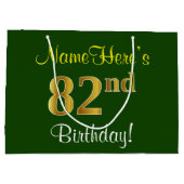エレガント、緑、フェイク金ゴールド82番目の誕生日+名前 ラージペーパーバッグ (裏面)