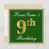 エレガント,緑,フェイク金ゴールド9番目の誕生日+名前 招待状 (正面/裏面)