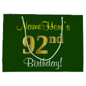 エレガント、緑、フェイク金ゴールド92番目の誕生日+名前 ラージペーパーバッグ (裏面)