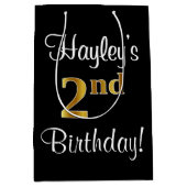 エレガント、豪華なフェイク金ゴールド第2誕生日 ミディアムペーパーバッグ (正面)