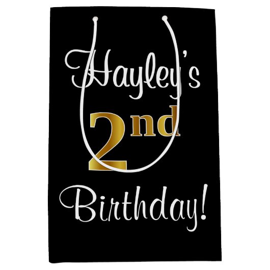 エレガント、豪華なフェイク金ゴールド第2誕生日 ミディアムペーパーバッグ (正面)