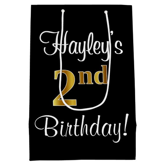 エレガント、豪華なフェイク金ゴールド第2誕生日 ミディアムペーパーバッグ (裏面)