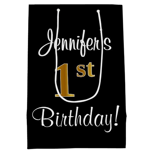 エレガント、豪華なフェイク金ゴールド見た第1誕生日 ミディアムペーパーバッグ (裏面)