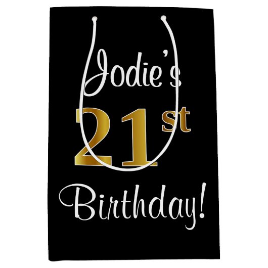 エレガント、豪華なフェイク金ゴールド21歳の誕生日 ミディアムペーパーバッグ (正面)