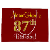 エレガント、赤、偽の金 87歳の誕生日; オーダーメイド ネーム ラージペーパーバッグ (裏面)