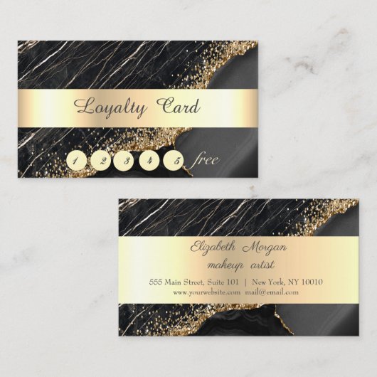 エレガント,金ゴールドシークイン,黒大理石 ロイヤリティカード (正面/裏面)