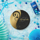 エレガント,金ゴールドフォイル，渦巻き旋回，ブラックダマスク，モノグラム ペーパープレート (パーティー)