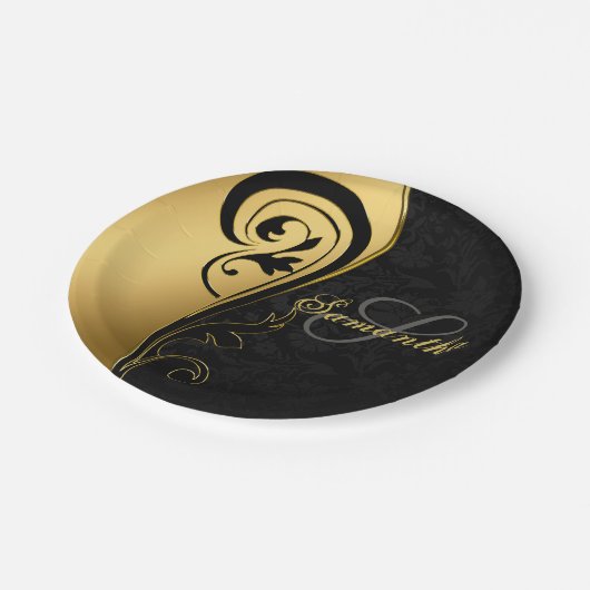 エレガント,金ゴールドフォイル,渦巻き旋回,ブラックダマスク,モノグラム ペーパープレート (アングル)