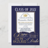 エレガント,金ゴールド，白と青の卒業デザイン 招待状 (正面)