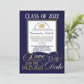 エレガント,金ゴールド，白と青の卒業デザイン 招待状 (スタンド正面)