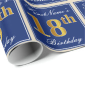 エレガント、青、フェイク金ゴールド18番目の誕生日+名前 ラッピングペーパー (ロールコーナー)