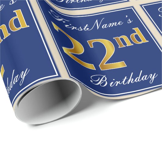 エレガント、青、フェイク金ゴールド22番目の誕生日+名前 ラッピングペーパー (ロールコーナー)