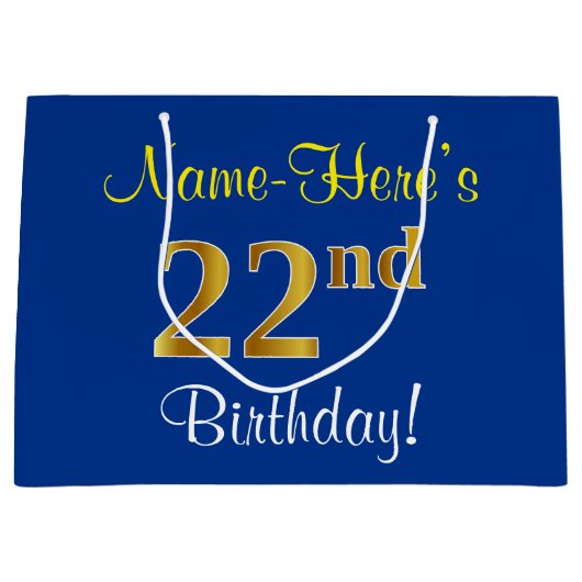 エレガント、青、フェイク金ゴールド22番目の誕生日+名前 ラージペーパーバッグ (正面)