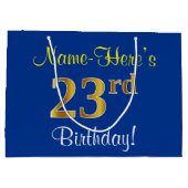 エレガント、青、フェイク金ゴールド23番目の誕生日+名前 ラージペーパーバッグ (裏面)