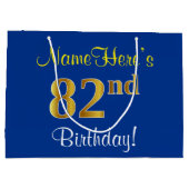 エレガント、青、フェイク金ゴールド82番目の誕生日+名前 ラージペーパーバッグ (裏面)