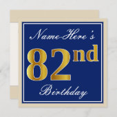 エレガント、青、フェイク金ゴールド82番目の誕生日+名前 招待状 (正面/裏面)