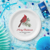 エレガント（鳥）ショウジョウコウカンチョウバードオンクリスマスパインモノグラム ペーパープレート (パーティー)