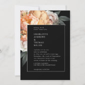 エレガント,，黒モダンフローラ牡丹，バラ結婚ズ 招待状 (正面)