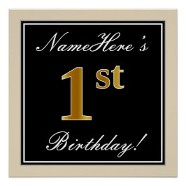エレガント，黒，フェイク金ゴールド1歳の誕生日+名前 ポスター