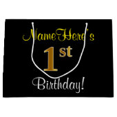 エレガント，黒，フェイク金ゴールド1歳の誕生日+名前 ラージペーパーバッグ (正面)