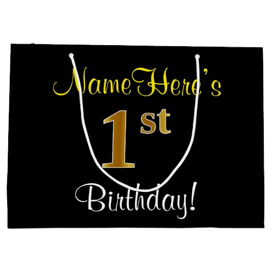 エレガント，黒，フェイク金ゴールド1歳の誕生日+名前 ラージペーパーバッグ (裏面)