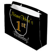 エレガント,黒,フェイク金ゴールド1歳の誕生日+名前 ラージペーパーバッグ (裏面アングル)