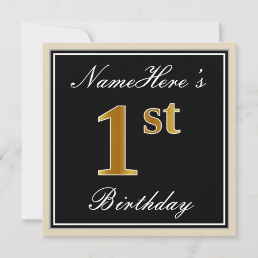 エレガント，黒，フェイク金ゴールド1歳の誕生日+名前 招待状 (正面)