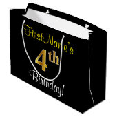 エレガント，黒，フェイク金ゴールド4歳の誕生日+名前 ラージペーパーバッグ (裏面アングル)