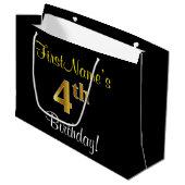 エレガント，黒，フェイク金ゴールド4歳の誕生日+名前 ラージペーパーバッグ (正面アングル)