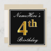 エレガント,黒,フェイク金ゴールド4歳の誕生日+名前 招待状 (正面/裏面)