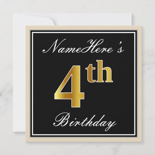 エレガント,黒,フェイク金ゴールド4歳の誕生日+名前 招待状 (正面)
