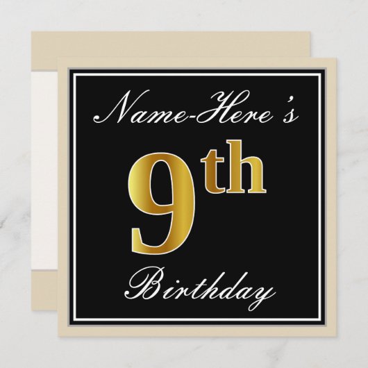 エレガント、黒、フェイク金ゴールド9番目の誕生日+名前 招待状 (正面/裏面)