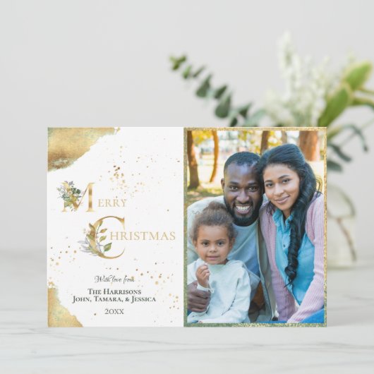 エレガント 2フォトゴールドフォイルフローラメリークリスマス シーズンカード (スタンド正面)