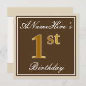 エレガント, Brown, フェイク金ゴールド1歳の誕生日+名前 招待状 (正面/裏面)