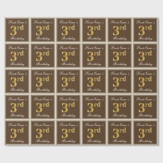 エレガント, Brown, フェイク金ゴールド3歳の誕生日+名前 ラッピングペーパー (フラット)