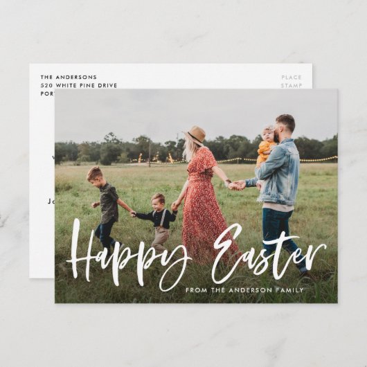 エレガント Brush Scriptハッピーイースター写真 シーズンポストカード (正面/裏面)