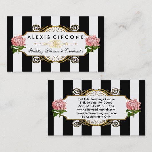 エレガント|Goldのアジサイのウェディングプランナーを縞で飾ります 名刺 (正面/裏面)