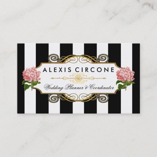 エレガント|Goldのアジサイのウェディングプランナーを縞で飾ります 名刺 (正面)