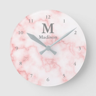 エレガント Pink Marble Gray Name & Monogram ラウンド壁時計