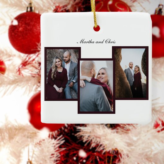 エレガント Script 婚約した 3 Photo Collage Red セラミックオーナメント