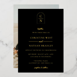 エレガントArch Monogram写真金ゴールド 箔招待状