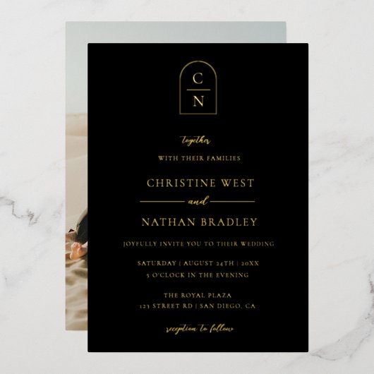 エレガントArch Monogram写真金ゴールド 箔招待状 (正面/裏面)