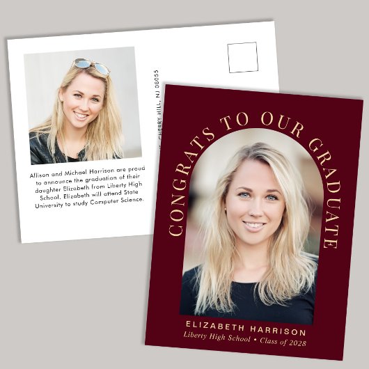 エレガントArch Photo Burgundy金ゴールド卒業 案内ポストカード