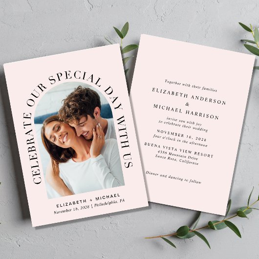 エレガントArch Photo Pink結婚's 招待状