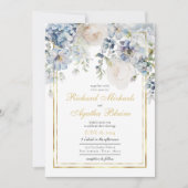 エレガントAzure Blueフローラ結婚 招待状 (正面)