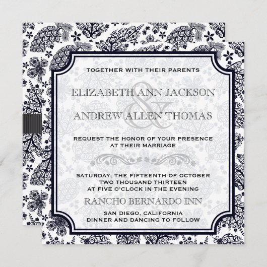 エレガントB&Wレースのよう葉結婚式招待状 招待状 (正面/裏面)