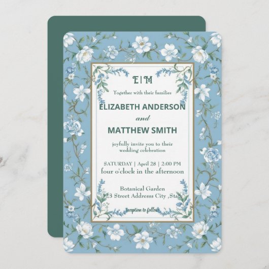 エレガントBiue & White Overlayフォトフラワー結婚ズ 招待状 (正面/裏面)