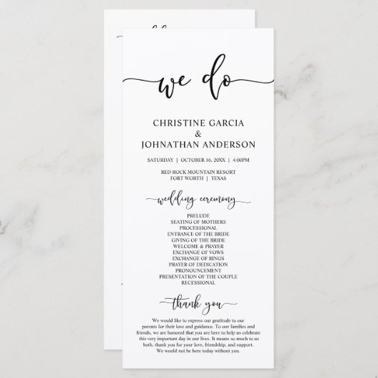 エレガントBlack Script, Our 結婚Ceremony Program プログラム (正面/裏面)