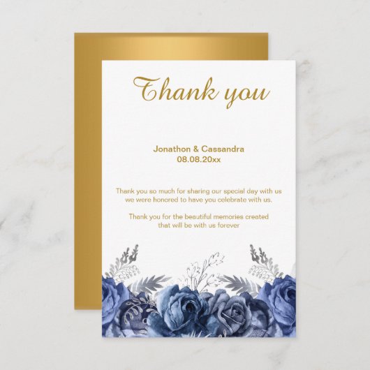 エレガントBLUEフローラ金ゴールドリバースサンキュー 招待状 (正面/裏面)